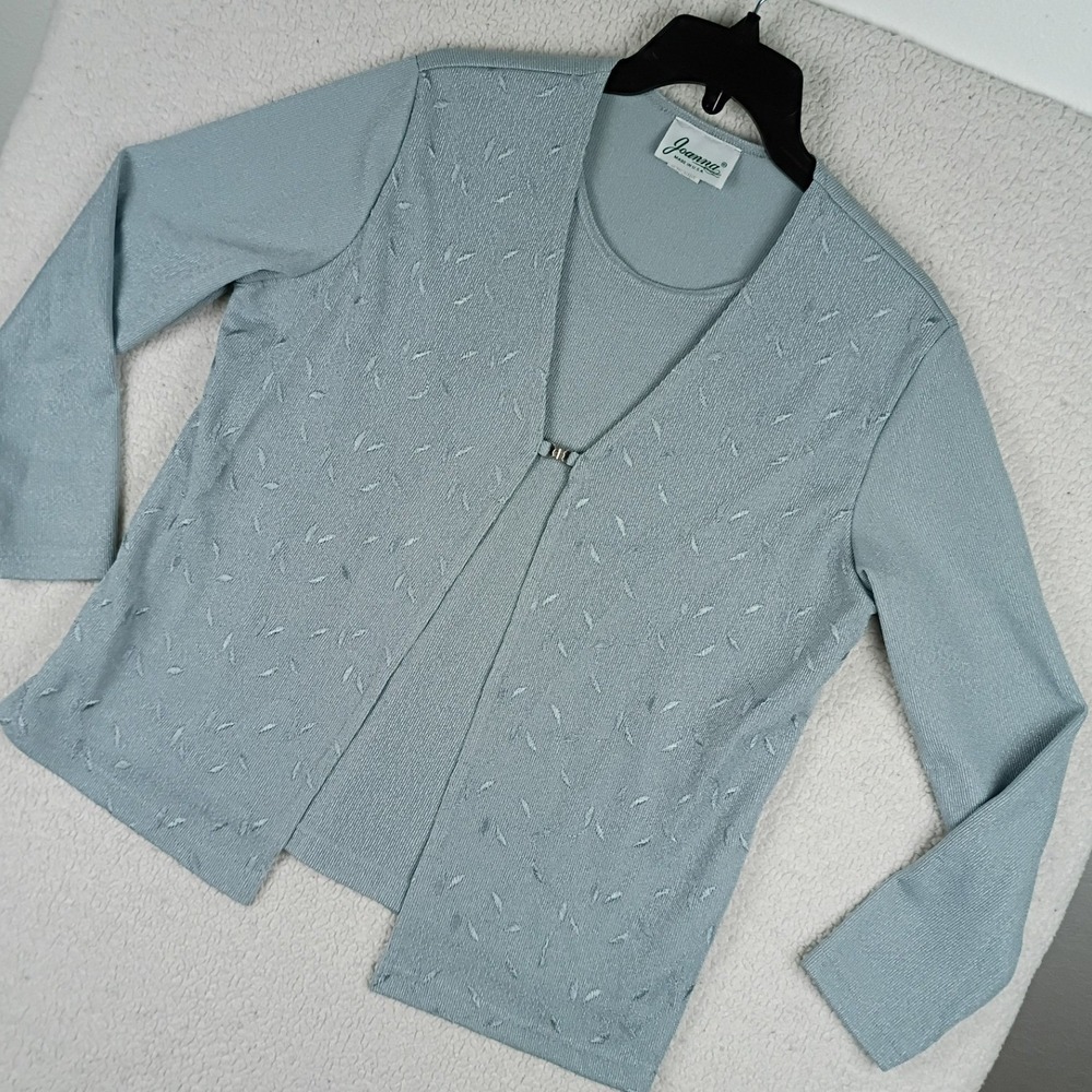 Joanna Vintage Knit Sweater Cardigan Women Large Blue Light Metallic Embroidered